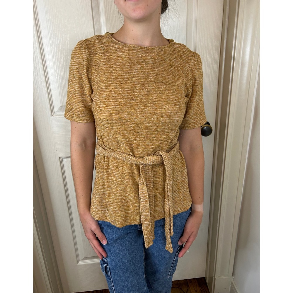 Vintage Jones Mustard Yellow Striped Textured Knit Top with Tie Belt Size 12